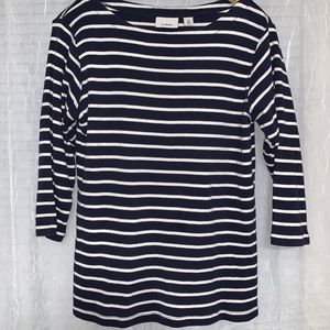 LL Bean Women's M 3/4 Sleeve Blue/White Wide Neck